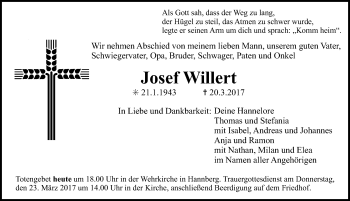 Traueranzeige von Josef Willert von Nordbayerische Nachrichten Herzogenaurach Lokal