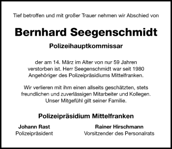 Traueranzeige von Bernhard Seegenschmidt von Schwabach