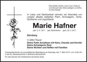 Traueranzeige von Marie Hafner von Nordbayerische Nachrichten Forchheim Lokal