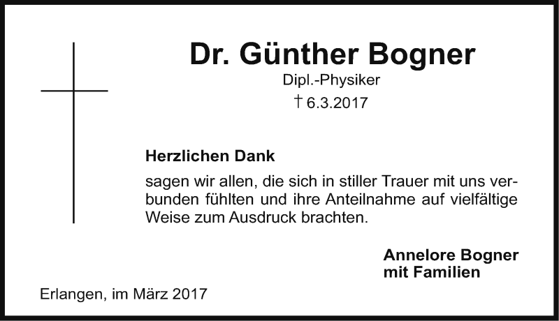  Traueranzeige für Günther Bogner vom 01.04.2017 aus Erlanger Nachrichten Lokal