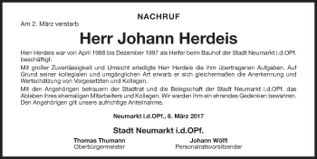 Traueranzeige von Johann Herdeis von Neumarkter Nachrichten Lokal