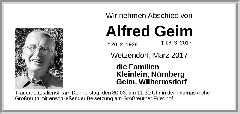  Traueranzeige für Alfred Geim vom 28.03.2017 aus Gesamtausgabe Nürnberger Nachrichten/ Nürnberger Ztg.