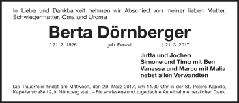 Traueranzeige von Berta Dörnberger von Gesamtausgabe Nürnberger Nachrichten/ Nürnberger Ztg.