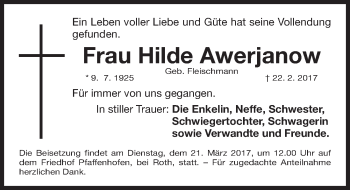 Traueranzeige von Hilde Awerjanow von Roth-Hilpoltsteiner Volkszeitung Lokal