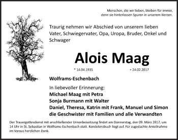 Traueranzeige von Alois Maag von Altmühl-Bote Lokal