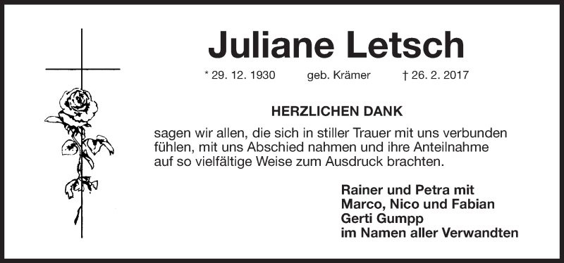  Traueranzeige für Juliane Letsch vom 18.03.2017 aus Erlanger Nachrichten Lokal