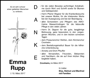 Traueranzeige von Emma Rupp von Altmühl-Bote Lokal