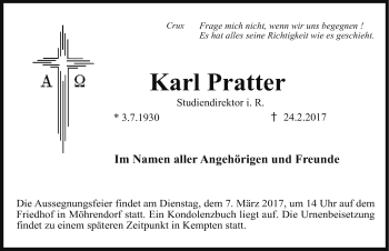 Traueranzeige von Karl Pratter von Erlanger Nachrichten Lokal