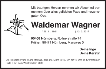 Traueranzeige von Waldemar Wagner von Gesamtausgabe Nürnberger Nachrichten/ Nürnberger Ztg.