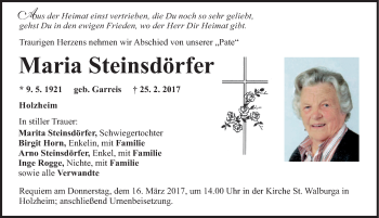 Traueranzeige von Maria Steinsdörfer von Neumarkter Nachrichten Lokal