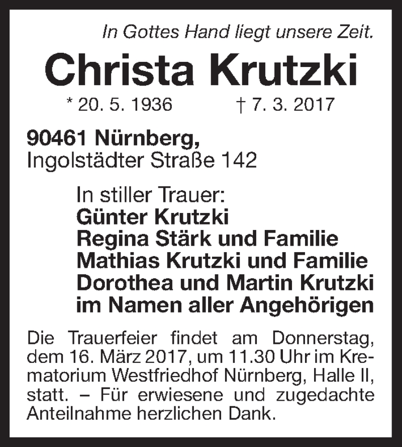  Traueranzeige für Christa Krutzki vom 13.03.2017 aus Gesamtausgabe Nürnberger Nachrichten/ Nürnberger Ztg.