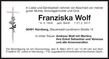 Traueranzeige von Franziska Wolf von Gesamtausgabe Nürnberger Nachrichten/ Nürnberger Ztg.