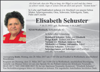 Traueranzeige von Elisabeth Schuster von Neumarkter Nachrichten Lokal