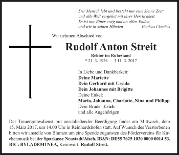Traueranzeige von Rudolf Anton Streit von Gesamtausgabe Nürnberger Nachrichten/ Nürnberger Ztg.