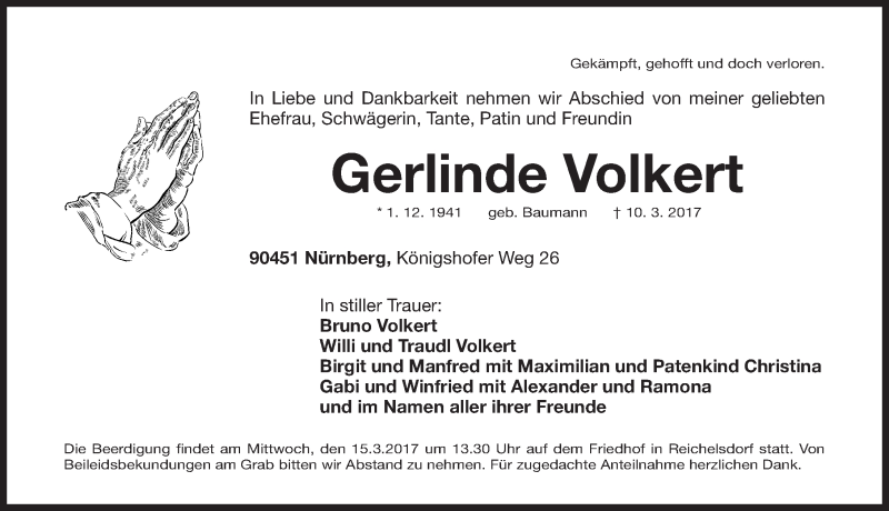  Traueranzeige für Gerlinde Volkert vom 13.03.2017 aus Gesamtausgabe Nürnberger Nachrichten/ Nürnberger Ztg.