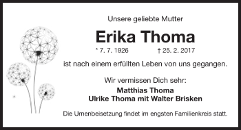 Traueranzeige von Erika Thoma von Gesamtausgabe Nürnberger Nachrichten/ Nürnberger Ztg.