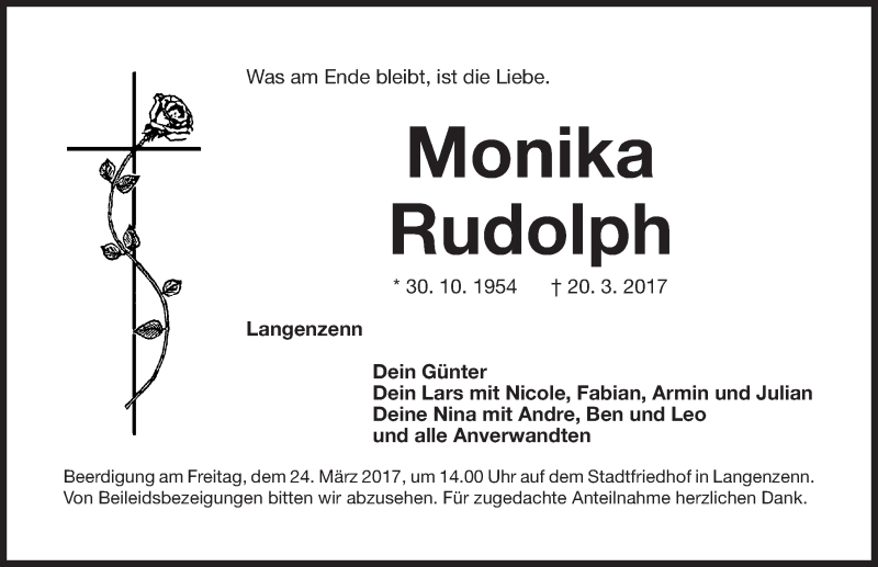  Traueranzeige für Monika Rudolph vom 22.03.2017 aus Gesamtausgabe Nürnberger Nachrichten/ Nürnberger Ztg.