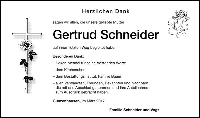  Traueranzeige für Gertrud Schneider vom 04.03.2017 aus Altmühl-Bote Lokal