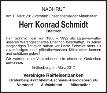 Traueranzeige von Konrad Schmidt von Nordbayerische Nachrichten Forchheim Lokal
