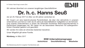 Traueranzeige von Hanns Seuß von Gesamtausgabe Nürnberger Nachrichten/ Nürnberger Ztg.