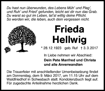 Traueranzeige von Frieda Hellwig von Schwabach