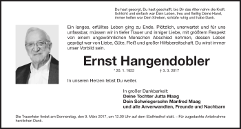 Traueranzeige von Ernst Hangendobler von Gesamtausgabe Nürnberger Nachrichten/ Nürnberger Ztg.