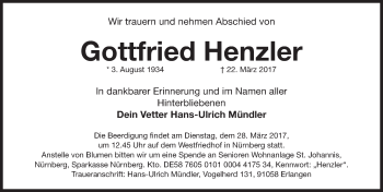 Traueranzeige von Gottfried Henzler von Gesamtausgabe Nürnberger Nachrichten/ Nürnberger Ztg.