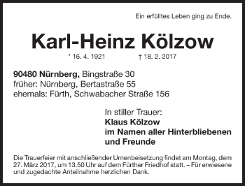 Traueranzeige von Karl-Heinz Kölzow von Gesamtausgabe Nürnberger Nachrichten/ Nürnberger Ztg./ Fürther Nachrichten