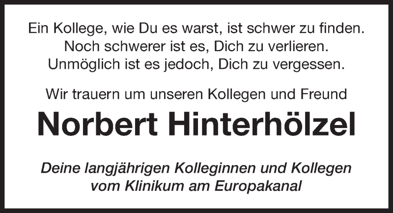  Traueranzeige für Norbert Hinterhölzel vom 01.04.2017 aus Erlanger Nachrichten Lokal