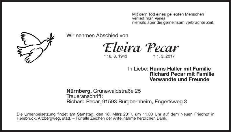  Traueranzeige für Elvira Pecar vom 16.03.2017 aus Gesamtausgabe Nürnberger Nachrichten/ Nürnberger Ztg.