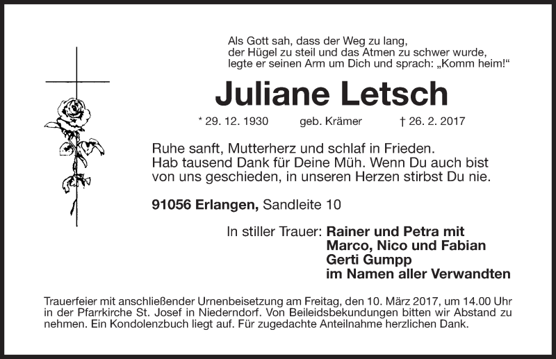  Traueranzeige für Juliane Letsch vom 04.03.2017 aus Erlanger Nachrichten Lokal