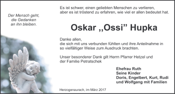 Traueranzeige von Oskar Hupka von Nordbayerische Nachrichten Herzogenaurach Lokal
