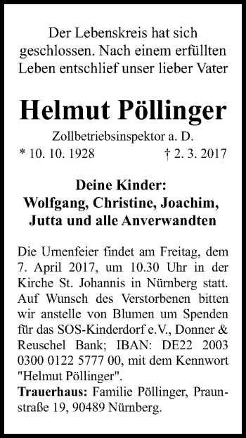 Traueranzeige von Helmut Pöllinger von Gesamtausgabe Nürnberger Nachrichten/ Nürnberger Ztg.