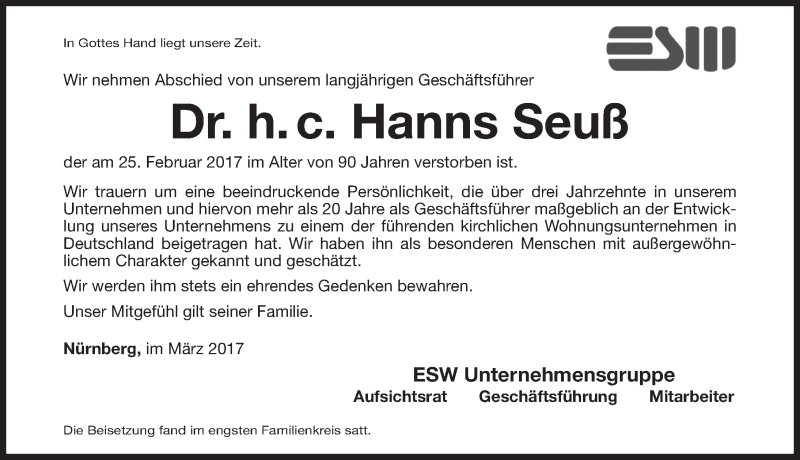  Traueranzeige für Hanns Seuß vom 04.03.2017 aus Gesamtausgabe Nürnberger Nachrichten/ Nürnberger Ztg.
