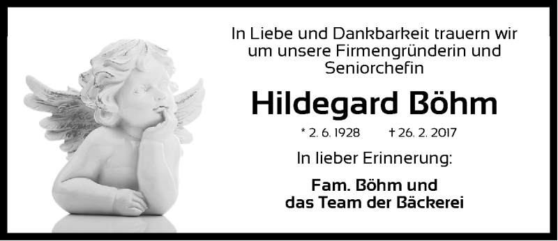  Traueranzeige für Hildegard Böhm vom 03.03.2017 aus Erlanger Nachrichten Lokal
