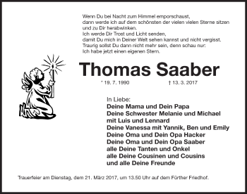 Traueranzeige von Thomas Saaber von Fürther Nachrichten Lokal