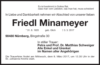 Traueranzeige von Friedl Minameyer von Gesamtausgabe Nürnberger Nachrichten/ Nürnberger Ztg.