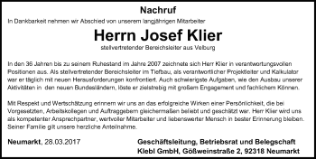 Traueranzeige von Josef Klier von Neumarkter Nachrichten Lokal