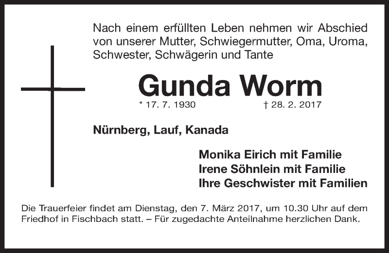  Traueranzeige für Gunda Worm vom 04.03.2017 aus Gesamtausgabe Nürnberger Nachrichten/ Nürnberger Ztg.