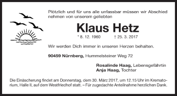 Traueranzeige von Klaus Hetz von Gesamtausgabe Nürnberger Nachrichten/ Nürnberger Ztg.