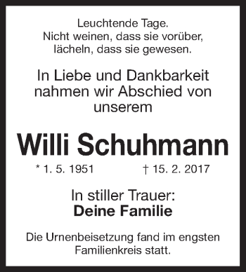 Traueranzeige von Willi Schuhmann von Gesamtausgabe Nürnberger Nachrichten/ Nürnberger Ztg.