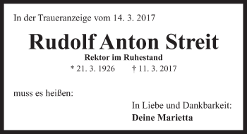 Traueranzeige von Rudolf Anton Streit von Gesamtausgabe Nürnberger Nachrichten/ Nürnberger Ztg.