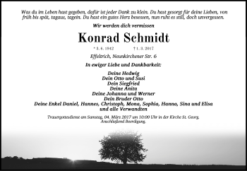 Traueranzeige von Konrad Schmidt von Nordbayerische Nachrichten Forchheim Lokal
