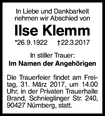Traueranzeige von Ilse Klemm von Schwabach