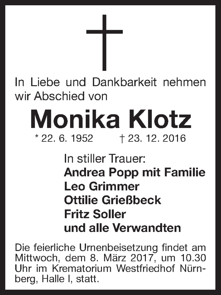  Traueranzeige für Monika Klotz vom 04.03.2017 aus Fürther Nachrichten Lokal