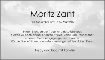 Traueranzeige von Moritz Zant von Gesamtausgabe Nürnberger Nachrichten/ Nürnberger Ztg.