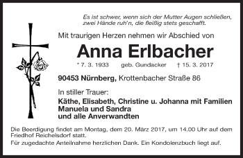 Traueranzeige von Anna Erlbacher von Gesamtausgabe Nürnberger Nachrichten/ Nürnberger Ztg.