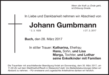 Traueranzeige von Johann Gumbmann von Nordbayerische Nachrichten Herzogenaurach Lokal