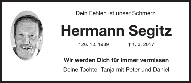  Traueranzeige für Hermann Segitz vom 04.03.2017 aus Erlanger Nachrichten Lokal
