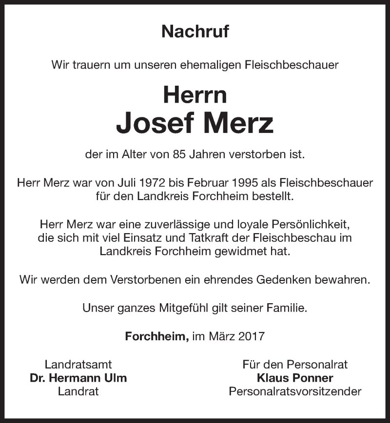  Traueranzeige für Josef Merz vom 03.03.2017 aus Nordbayerische Nachrichten Forchheim Lokal